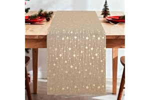 MONTRESTAR Weihnachten Tischläufer Sterne, 275 x 28 cm Läufer mit Gold Sterne Motiv, Weihnachts Tischdeko, Flachsfarbe Weihnachts Tischband für Winter Adventszeit Weihnachtstisch Festliche Dekoration