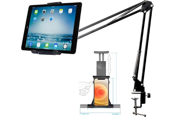 BROLAVIYA Upgraded Flexible Gooseneck Clip Lazy Metal Arm Bracket for Both Mobiles and Tablets Fits Device 4 11 Diagonal inch, Articulating Arm Mount for Home, Office or Desk,Table Mount, Black