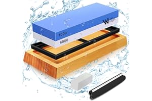 WUCGEA Piedra Afilar Cuchillos - 1000/6000 Corindón 5 in 1 kit piedras de afilar cuchillos con Base antideslizante Silicona Guía ángulo piedra aplanadora correa cuero