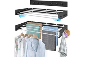 Joyoleder Wäscheständer Wandmontage,80 cm wäschetrockner Wand platzsparend ausziehbar mit 6 Handtuchhaken,Wand Wäschetrockner für drinnen oder draußen,Balkon, Terasse（Schwarz）