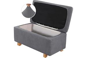 LINGKY 2 Piece Stretch Ottoman Cover Folding Storage Stool Cover Rectangle Foot Rest Slipcover with Elastic Bottom, Checks Spandex Jacquard Fabric (Grey,Large)
