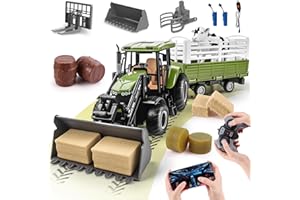 JONRRYIN Ferngesteuerter Traktor, 16 Stück Traktor mit Anhänger, 2.4 GHz Fernbedienung & App 2X Wiederaufladbare Batterien, 3X Fahrzeugfront, Kuh, Heuhaufen Bauernhof Spielzeug ab 4 5 6 7 8 9 Jahre