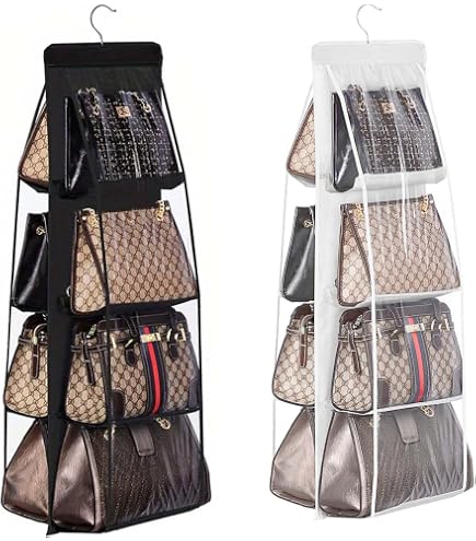 Inheming INHEMI Porta Borse Da Armadio, Organizer Da Appendere Per Borsa Con Gancio, 6 Scomparti Grandi,Scomparto Trasparente, Organizer Per Armadio - Nero - 8