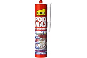 UHU Polymax extra fort- Mastic/colle de fixation MSP pour coller, assembler et jointer, toutes surfaces, séchage rapide, sans solvants, blanc, cartouche 425 g