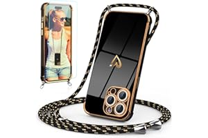 Togestar Handykette Hülle für iPhone 15 Pro Max Handyhülle mit Band und Schutzfolie, Kameraschutz Herz Love Design 360 Grad Stoßfeste Schutzhülle Silikon TPU mit Kordel zum Umhängen, Schwarz