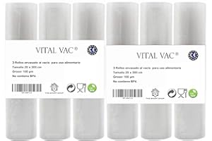 VITAL VAC Rouleau Sac Sous Vide Alimentaire | 6 Rouleaux 20cm x 300cm | Pour Machine de Mise Sous Vide | Compatible avec Foodsaver, Crenova, Geryon