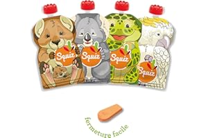 Lot de 4 Gourdes Réutilisables 130ml | Collection Australie | Pour Bébé, Enfant et Adulte | Compotes, Purées, et Smoothies | Étanches, Durables et Écologique | Fabriquées en Suisse | Squiz