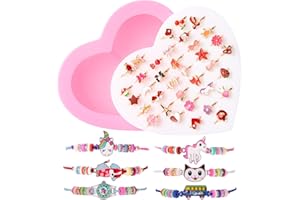 ZITFRI 36 Pcs Bagues 6 Pcs Bracelet Amitié Fille avec Boîte de Coeur Rose Bague Bijoux Petits Cadeaux Anniversaire