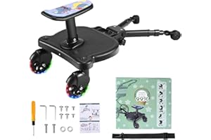 BugyKido Pedana Passeggino Universale con Ruote a LED, Tavolette Portatili con Sellino per Passeggini Adatto al 99% dei passeggini, Accessorio per Passeggino per Bambini di 2-6 Anni 25 kg, Nero