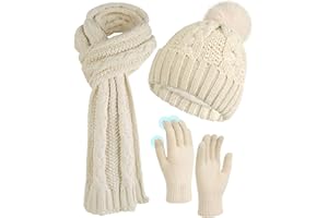ILovDaisy Mütze, Schal & Handschuh-Sets für Damen Winter, Beanie Gestrickte Wintermütze mit Bommel, Thermo Winterhandschuhe Touchscreen, Warme Kuschelige Schal Winterset
