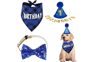EXQUIMA 1 PCS Dog Birthday Hat, Dog Birthday Hat with Bow Tie Collar and Gold Number, Pets Birthday Party Supplies Plaid for Pet Puppy Cat Birthdays Party Decorations, Pet Costumes Head Wear Accessories