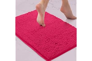LuxUrux Bath Mat Extra-Soft Plush Bath Shower Bathroom Rug, 1'' Chenille Microfiber Material, Super Absorbent Shaggy Bath Rug (Hot Pink, 42 x 60 cm)