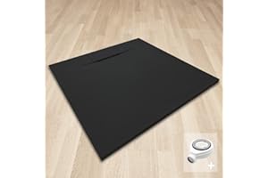 SANIVERRE POLAR Receveur de douche noir extra-plat antidérapant texture pierre 80 x 80 cm + bonde