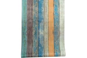 JOLIHOME Niebiesko-zielony i brązowy efekt drewna, samoprzylepna tapeta, deski, naklejka ścienna, vintage, usuwalna rolka papieru kontaktowego, do drzwi, kuchni, dekoracja, 44,5 x 500 cm