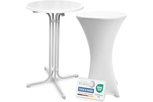 ‎BEAUTISSU Beautissu Weißer Stehtisch klappbar 70 cm mit Stretch Stehtischhusse Weiß – Outdoor Bistrotisch Kratzfest, UV- & wetterbeständig – Husse rutschfest, waschbar & bügelfrei – Bellini & Stella