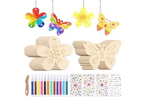 MIXARA 40 Stück Bastelsets für Kinder, 24 Basteln Kinder Schmetterling Blume Holzanhänger zum Bemalen, Holz Deko Hänger mit Aquarellstift und Edelsteinaufkleber, Bastelset für Kinder Party, Geburtstagsdeko
