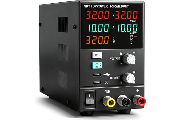DC strömförsörjning variabel, 0-32 V 0-10 A, dubbel USB PC-kontroll och 18 | Bänkströmförsörjning för labb, test, reparation och gör-det-själv-elektronik — justering av kodare, utgångsbrytare