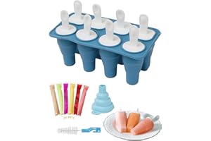 BIQIQI Foldable Ice Lolly Moulds, 8 Grids Silicone Ice Moulds, Come with 20pcs Popsicle Bags, BPA Free, DIY Popsicle Moulds Set with Funnel and Cleaning Brush (Blue)