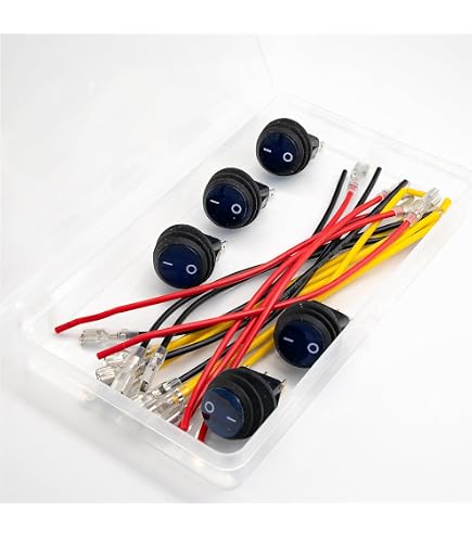 Lot De 5 Interrupteurs à Bascule Ronds LED 12V 20A – ON/OFF Lumineux Rouge 3 Broches + Fils – Idéal Voiture, Moto, Bateau, Marine