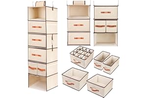 BinWhiz 112 x 32 x32 cm Hanging Shelf Organizer, 6-Tier Fabric Shelves Clothes Bins with Drawers and Hooks for Closet Wardrobe Organization and Storage, Beige