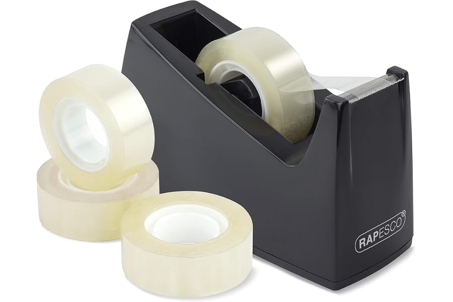 Rapesco 1619 Dispensador de Cinta Adhesiva 300, 4 Rollos de Cinta, Negro | Diámetro del Mandril de 25 mm