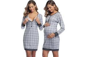 Aseniza Camicia da Notte Premaman Cotone,Camicia da Notte per La Gravidanza a Maniche Lunghe a Pois Pigiama Abbottonata Donna maternità con Funzione