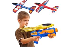 PROACC Airplane Launcher Toy, Foam Throwing Glider Plane with Catapult Gun & 10 Eva Bullets, Outdoor Garden Flying Toys Shooting Game for Kids Age 3-12 Years Old Boys Girls Birthday Gift