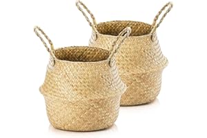 Duscdesp 2pcs Seagrass Storage Basket With Handle - Plant Pot, Foldable Toy Laundry Belly Basket, Round Storage for Shelves (XL 36×32)