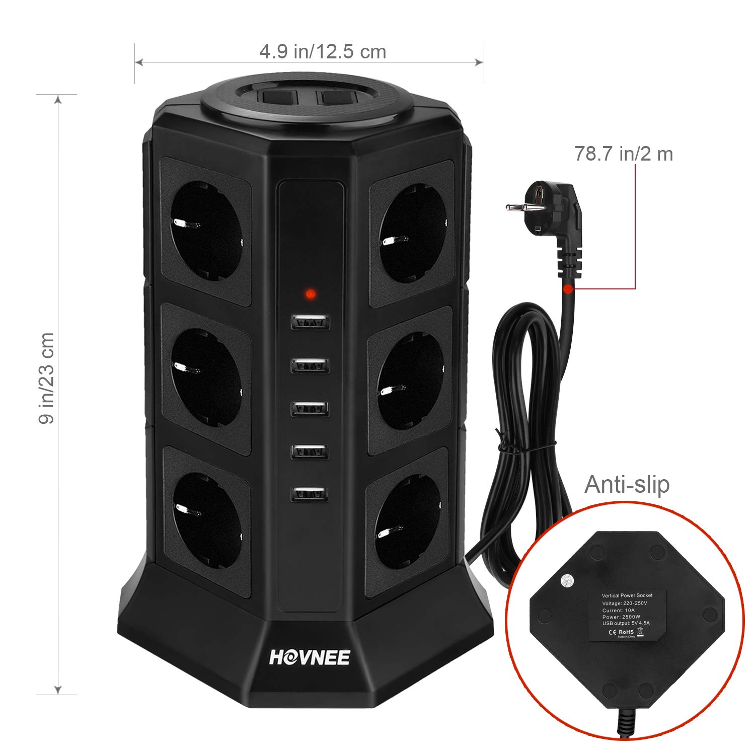 Multipresa Verticale, HOVNEE Torretta Multipresa Ciabatta 12 Prese Con 5 Slot USB 2500W 10A per Smart Phone, Tablet… - immagine 3