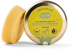 4 PEOPLE WHO CARE 4peoplewhocare Handcreme Vegan - Veganer Daumenschmaus, Feste Handcreme für trockene und rissige Hände, Shea Butter, Candelillawachs, Olivenöl, Bergamotte, Naturkosmetik (30g - Dose)