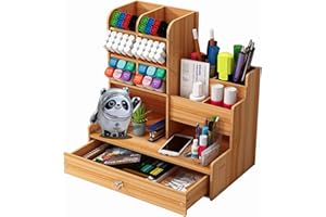 Ruixue Drewniany organizer na biurko z szufladą, organizer na biurko i uchwyt na długopisy, akcesoria biurowe, duża pojemność, organizer na biurko do biura, szkoły i domu (B17 brązowy)