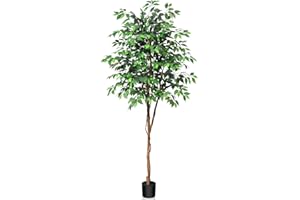 Kazeila Large Artificial Ficus Tree 210cm Tall Artificial Plants Indoor Fake Tree Fake Potted Tree with Natural Wood Trunk and Silk Leaves for Home Office Decor Indoor
