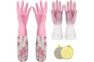 BDSHUNBF 2 Paare Lange Haushaltshandschuhe, Gummi Geschirrhandschuhe,Putzhandschuhe,Wasserdichte Küchenhandschuhe, für Geschirrspülen Wäschereinigung,Küche（L,Rosa）