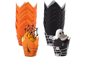 TSLBW Confezione da 100 decorazioni per cupcake di Halloween Involucri Cupcake Cuocere Tazze motivo a ragnatela pipistrello Fantasma Tulipano Muffin Case per feste a tema Halloween