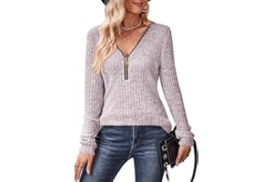 Gemulate Womens Long Sleeve Tops Ladies Lightweight Knit Jumpers V Neck Zipper Sweaters Casual Striped Sweatshirts Tshirt