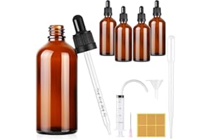 Furuising 4PCS Glass Dropper Bottle,100ML Pipette Dropper Bottle, Reusable Amber Glass Dropper Bottles with 3ml Dropper, 20ml Syringe, Funnel, Stickers for Essential Oils Aromatherapy