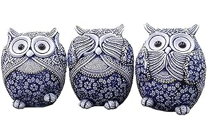 Juanxian 3 Owl Figurines Decor See No Evil Hear No Evil Speak No Evil Cute Owl Statue Crafted Animal Sculpture Ornament for Home Office Tabletop Blue | W4397