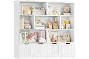 FOREHILL Kids Toy Storage Unit Childrens Bookcase Toy Organiser Kids Bookshelf, 7 Open Shelves, 4 Drawers with Wheels, for Nursery Playroom White 125.5x33x118cm