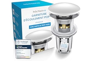 Bächlein Bonde universelle avec trop-plein (céramique), Valve pop-up pour lavabo et évier, Bonde d'évacuation en laiton avec instructions de montage (français non garanti)