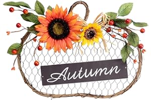 GLAITC Girasole Ghirlanda artificiale, Ghirlanda autunnale con luce LED Ghirlanda per il raccolto autunnale Cartello in legno ghirlanda per il Ringraziamento Halloween Decorazioni per la casa di nozze