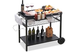 PIZZELLO Three-Shelf Outdoor Grill Dining Cart Movable BBQ Trolley Multifunctional Solid Steel Food Prep Worktable with Two wheels, Black (X50011BK)