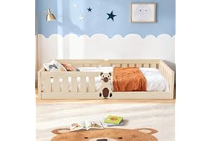 Ovshnrr Toddler Bed Floor Bed, 200×90cm Fall-Out Protection Frame Natural Wood 100kg Load Capacity Develops Confidence & Life Skills, Montessori Design Boys & Girls (W/O Canopy-90 * 200-Natural)