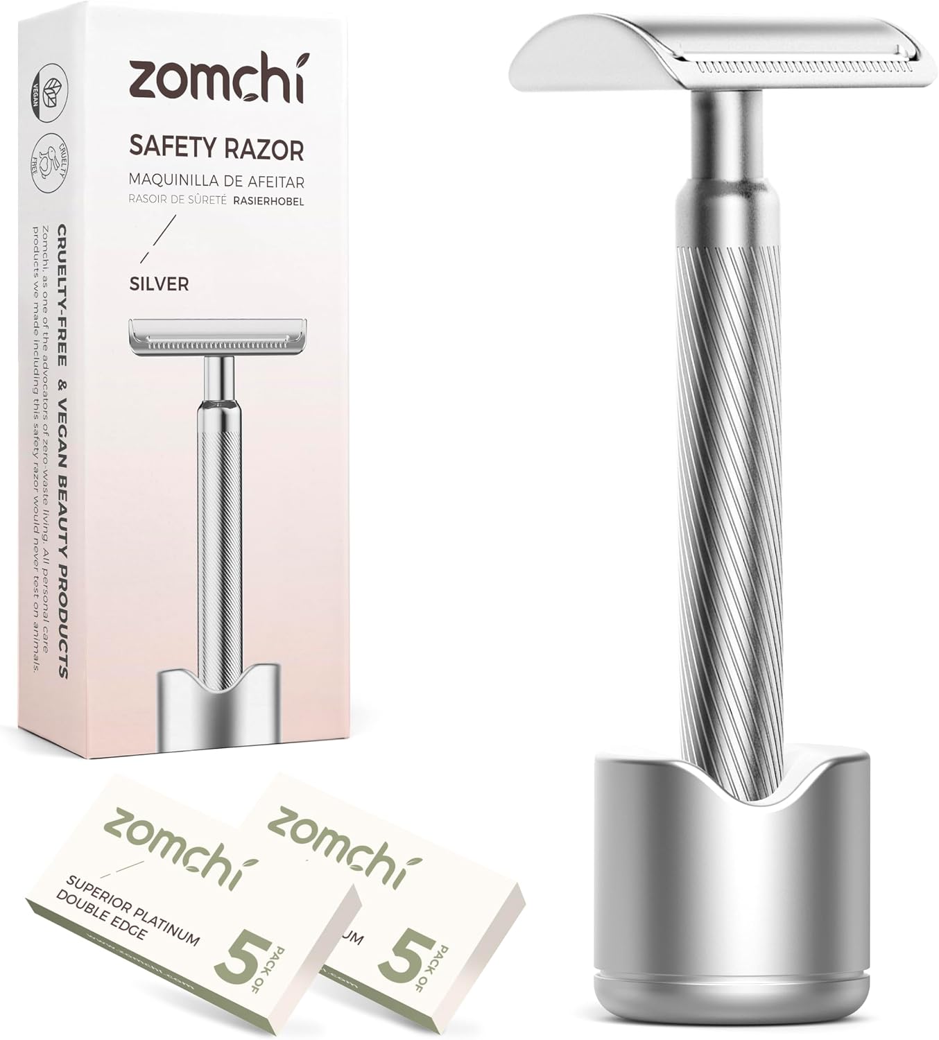 Maquinilla de afeitar de seguridad de doble filo con soporte en plata, maquinilla de afeitar clásica para hombre con 10 cuchillas, construcción de acero inoxidable duradera y duradera