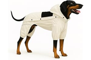 LOVELONGLONG Waterproof Dog Raincoat with Removable Hood – Outdoor Full Body Dog Jacket, Windproof Snowproof Shell Suit – All Season Pet Rain Gear Ivory L