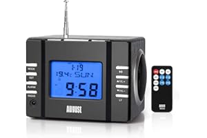 Radio Réveil USB MP3 Numérique Matin - August MB300 - Poste Radio FM Haut-Parleur SD et Jack 3.5mm avec Batterie rechargeable ou Secteur 220v Télécommande Timer Température - Bois Noir