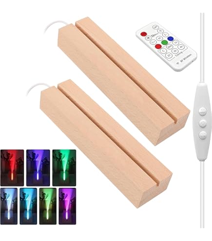 Espositore In Legno Con Luce LED Per Cristalli E Oggetti - Base Rettangolare In Faggio Con Dimmer RGB E Cavo USB - 2 Pezzi - 5