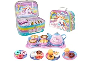 Toyana 27 PCs Kids Unicorn Tea Set in Metal Carry Case, Pretend Play Tea Party Playset, Realistic Teapot, Cups, Plates & Cupcakes Kitchen Accessories, Role Play Gift Toy Set For Children Ages 3+ Year