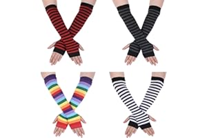 STYQUENZER Women's Long Arm Warmers, 4 Pairs Multicolor Long Fingerless Warm Gloves Stretchy Elbow Length Gloves Y2k Striped Knit Arm Warmers with Thumb Hole for Women Girls Punk Gothic Party Accessories