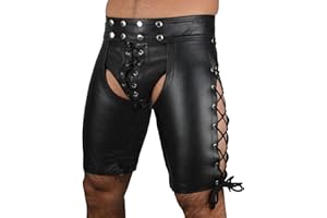 Tiwate Men's Leather Chaps Shorts Gay Chaps Leather Shorts ClubWear Chaps Shorts with Side Laced Chaps