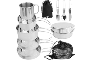 RISVOWO Camping Geschirr Set 10 Teiliges, Edelstahl Campingbesteck Zubehör, Outdoor Reisebesteck Set 2 Personen mit Faltbare Messer Gabel Löffel, Kochgeschirr für Picknick Backpacking Camping Wandern